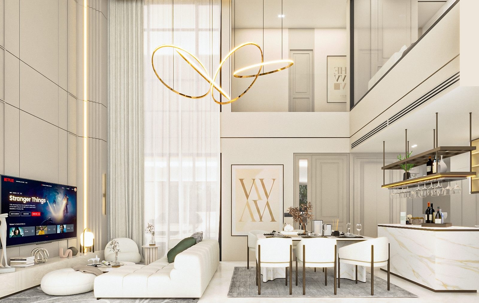 Living, dining and kitchen arranged as one continuous space